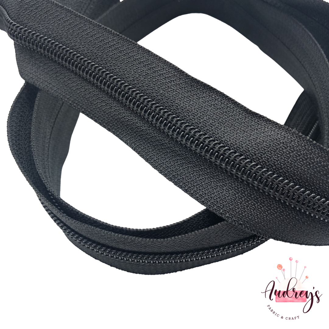 Black Tape w/ Black Teeth Continuous Zipper Tape, 5 Nylon Teeth