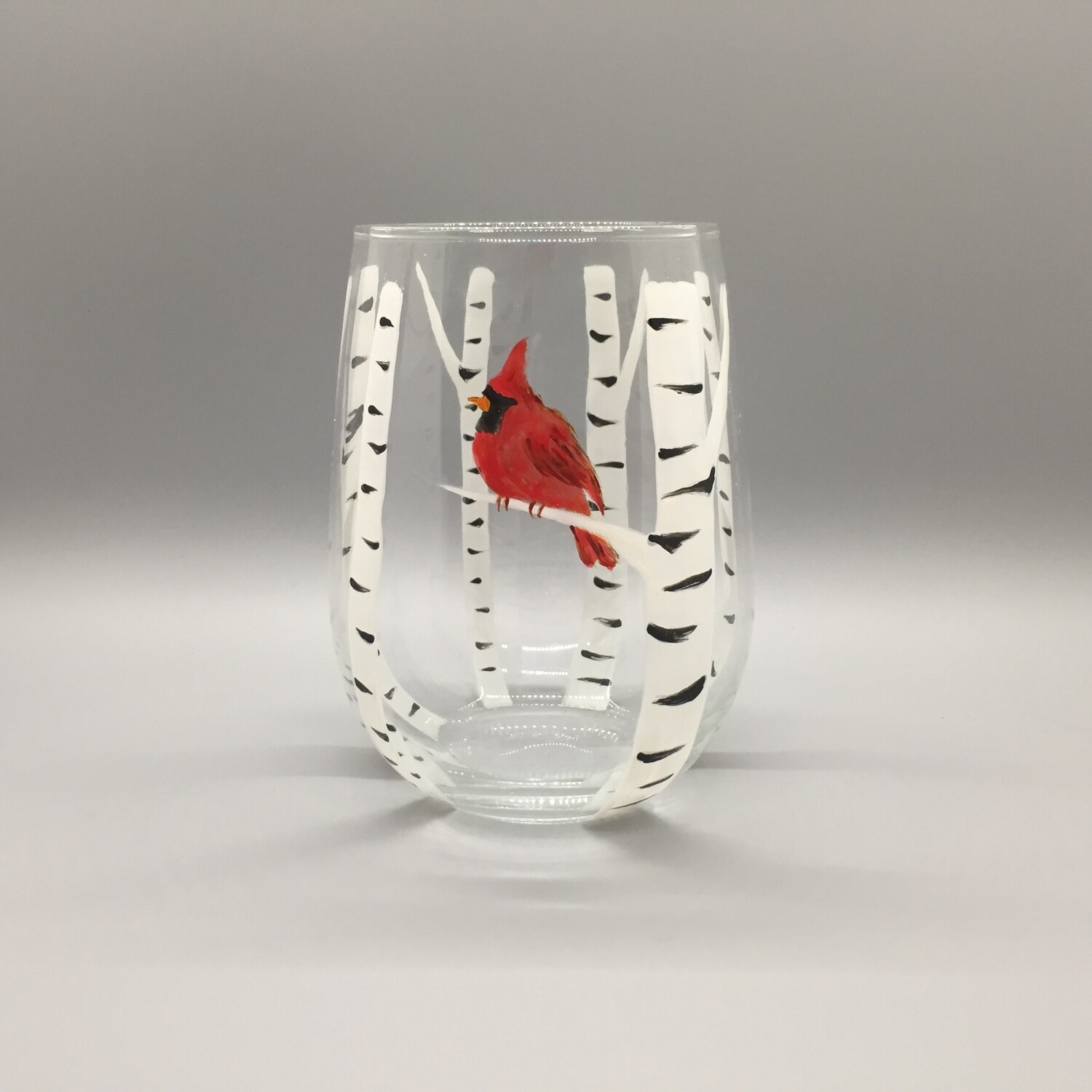 White Birch Tree with Cardinal, Painted Wine Glasses