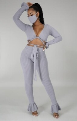 Front Tie Long Sleeve Frill Pants Set w/ Mask Gray