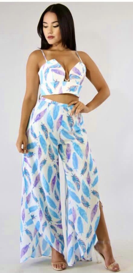 Blue Slit Sides  Feather Pants Set