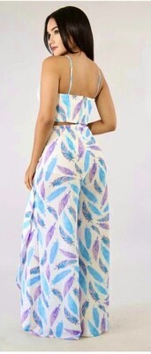 Blue Slit Sides  Feather Pants Set