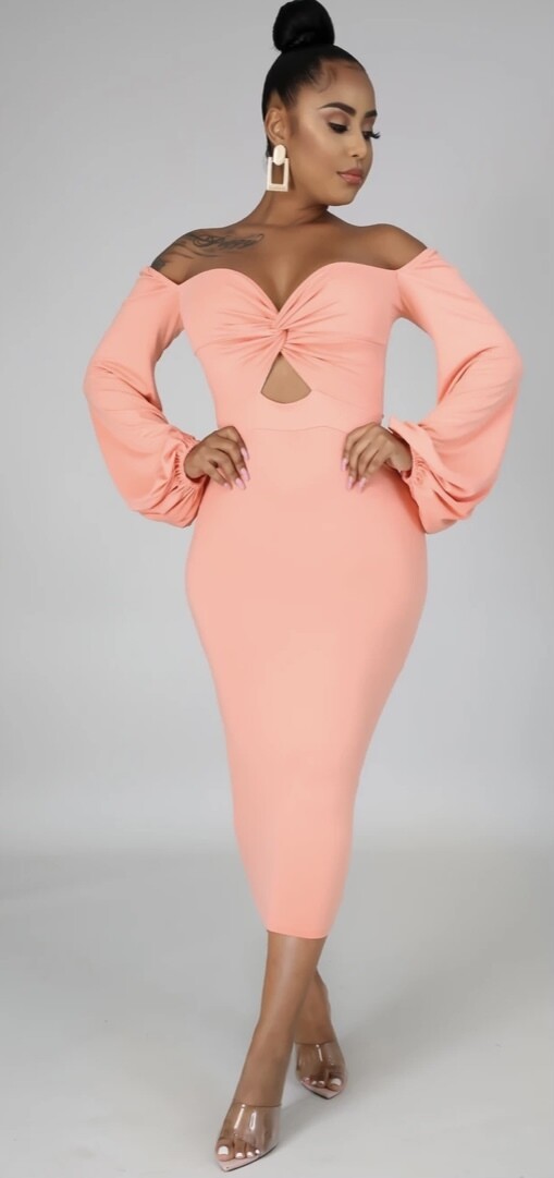 Peach Long Sleeve Off The Shoulder Dress