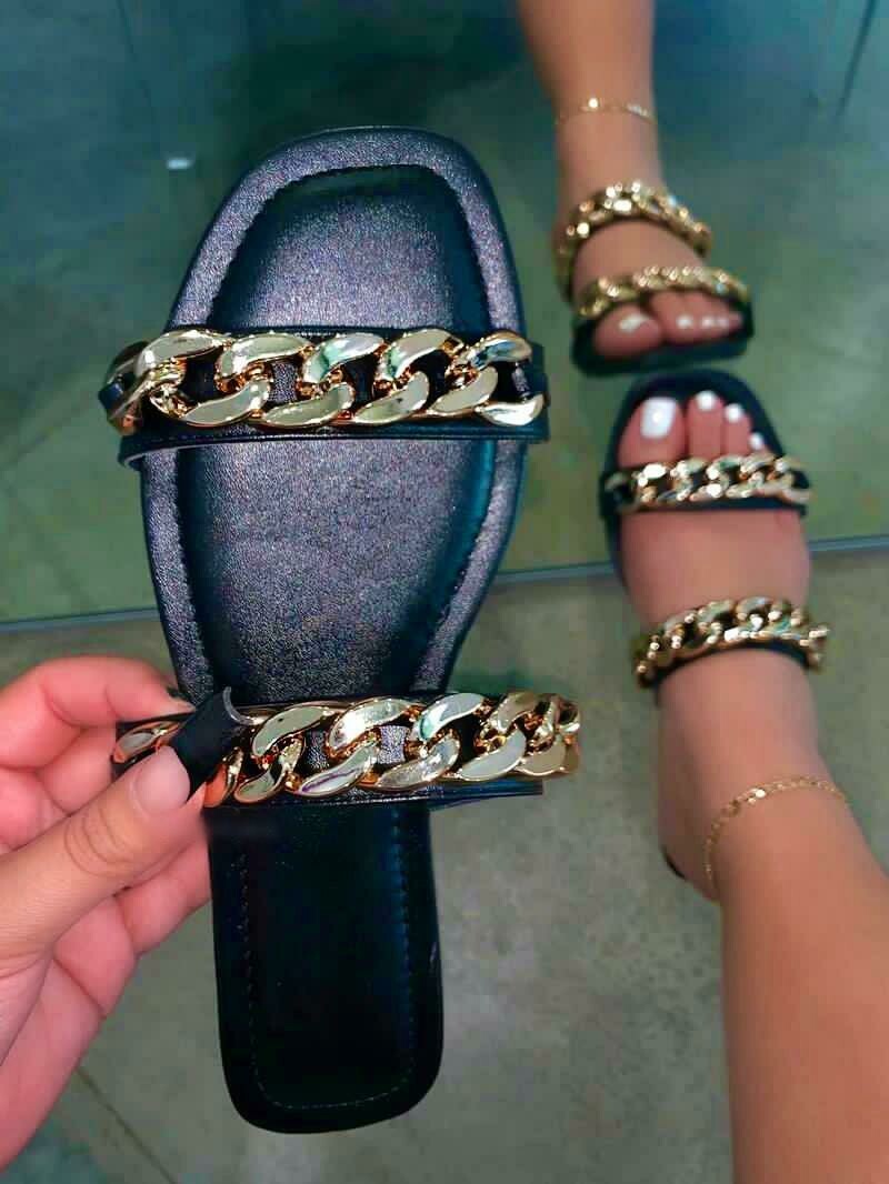 Gold Chain Link Sandals Black