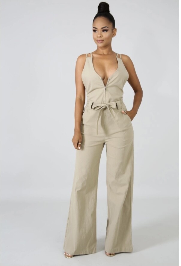 Khaki X Back Wide Leg Jumpsuit