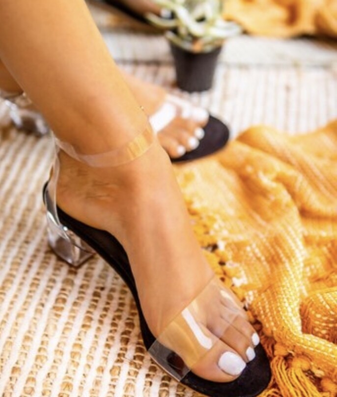 black and clear ankle strap heels