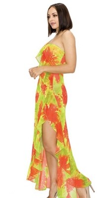Chiffon One Shoulder Ruffle Front Maxi Dress Lime