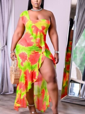 Chiffon One Shoulder Ruffle Front Maxi Dress Lime