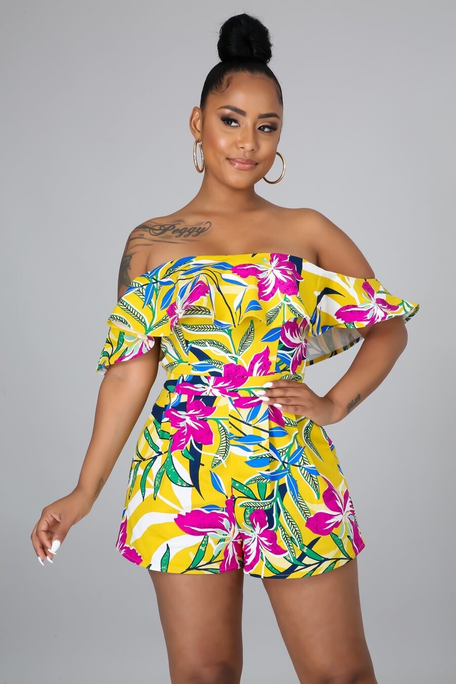 Dark Yellow Floral Ruffle Off The Shoulder Romper