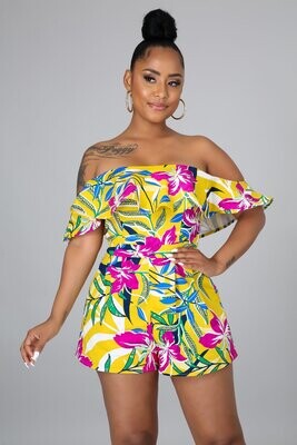 Dark Yellow Floral Ruffle Off The Shoulder Romper