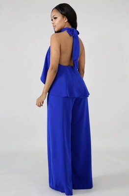 Tie Neck Open Back Loose Jumpsuit Royal Blue