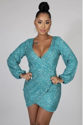 Turquoise Sequin  Long Sleeve Open Back Dress
