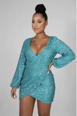 Turquoise Sequin  Long Sleeve Open Back Dress