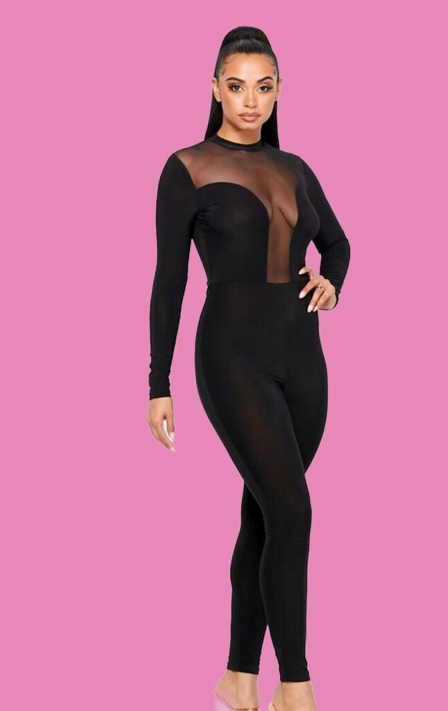 Long Sleeve Sheer Front And Back Jumpsuit Black