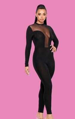 Long Sleeve Sheer Front And Back Jumpsuit Black