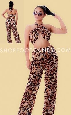 Cross Front Halter Top Pant Set Leopard