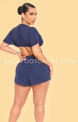 Deep Cut Front Open Back Romper Navy