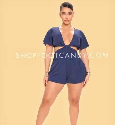 Deep Cut Front Open Back Romper Navy