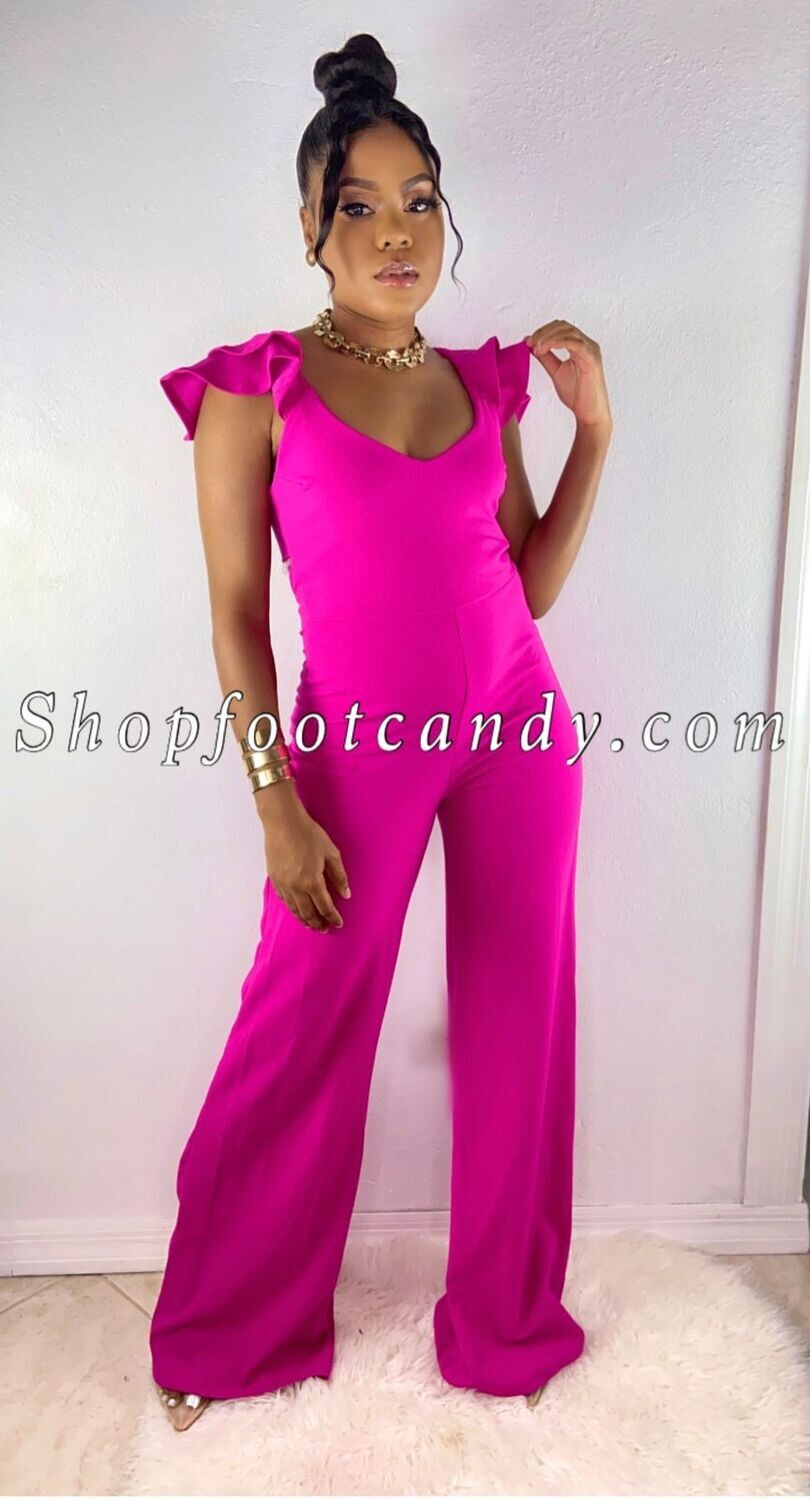 Ruffle Shoulder Tie Back Jumpsuit Fuchsia