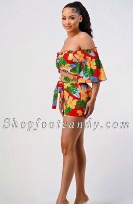 Off The Shoulder Ruffle Sleeve Pants Set Tropical