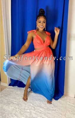 Tie Back High Split Maxi Dress Ombre Coral/Blue