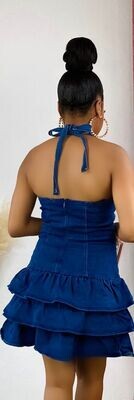 Halter Ruffle Bottom Dress  Dark Denim