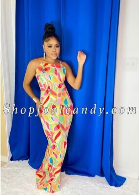 Tie Back Spaghetti Strap Maxi Dress Fuchsia Multi