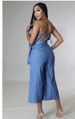 Ruffle Front Tie back wide Leg Jumpsuit Denim