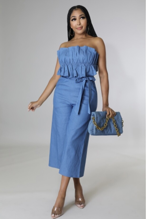 Ruffle Front Tie back wide Leg Jumpsuit Denim