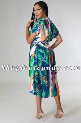 Tropical Shirt Midi Dress Green Multi
