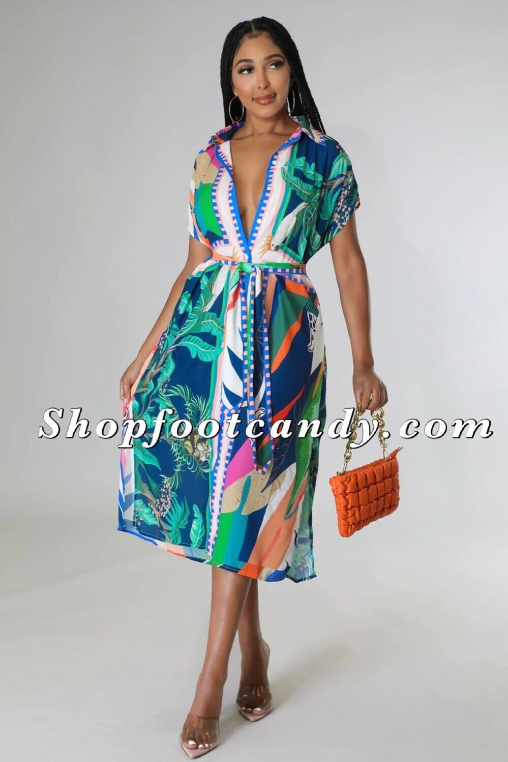 Tropical Shirt Midi Dress Green Multi