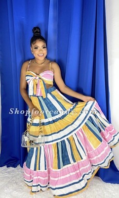 Spaghetti Strap Stripe Maxi Skirt Set Pink/Yellow
