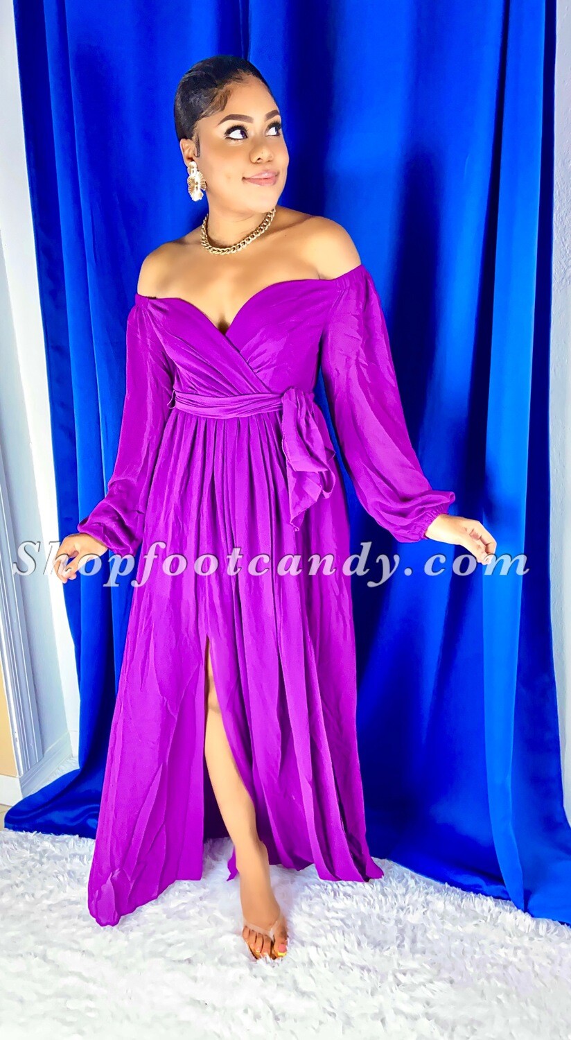 Off The Shoulder High Split Maxi Dress Magenta