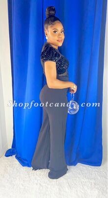 Sequin Sheer Short Sleeve Jumpsuit Black