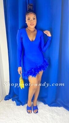 Long Sleeve Feather Bottom Dress Royal Blue