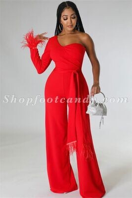 One Sleeve Feather Jumpsuit Red
