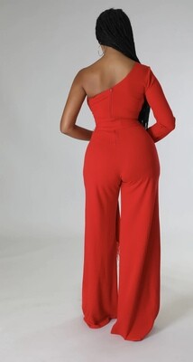One Sleeve Feather Jumpsuit Red