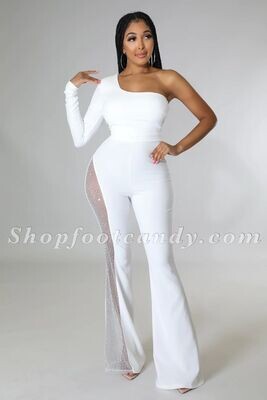  Mesh  Rhinestone Bell Bottom Leg Jumpsuit White 