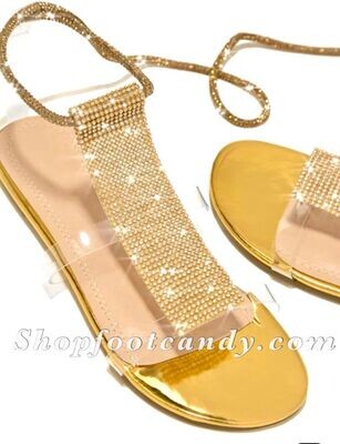 Rhinestone Clear Sides Tie Up Sandals Gold