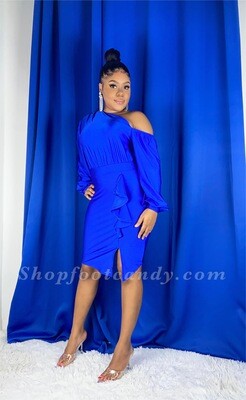 One Shoulder Long Sleeve Ruffle Front Dress Royal