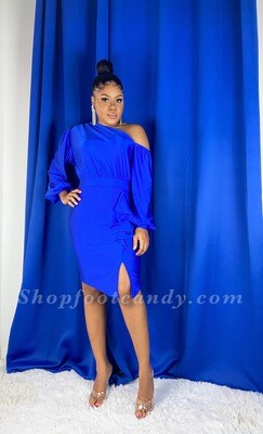 One Shoulder Long Sleeve Ruffle Front Dress Royal