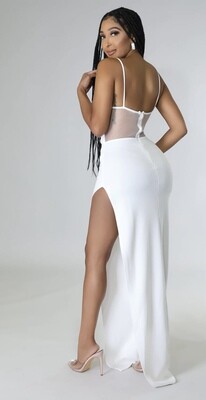 Spaghetti Strap Sheer Rhinestone Maxi Dress white