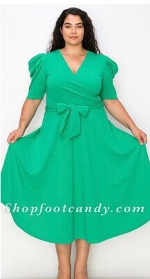 Puff Sleeve Wrap Belt  Dress Green Plus
