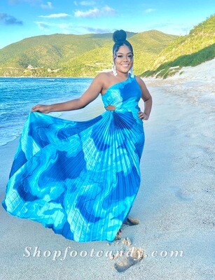 One Shoulder Sea Shells  Pleated Dress  Blue