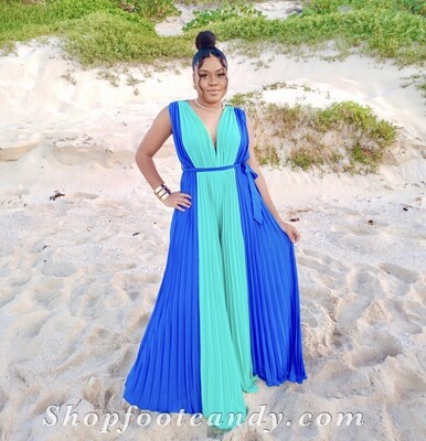 Deep Cut Front Pleated Color Block Jumpsuit
