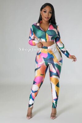 Zipper Front Long Sleeve  Leggings Set Multi