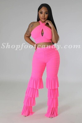 Layer Frill Leg Halter Top Pants Set Neon Pink