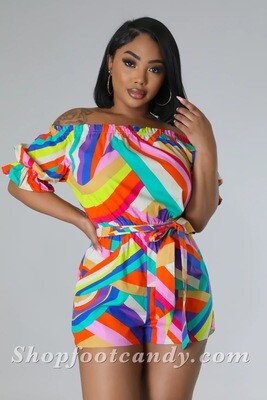 Off The Shoulder Tie Belt Romper Multi