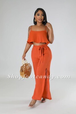 Spaghetti Strap Slit Slides Pants Set Rust