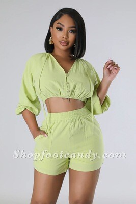 Three  Quarter Sleeve Tie Front Short Set Green