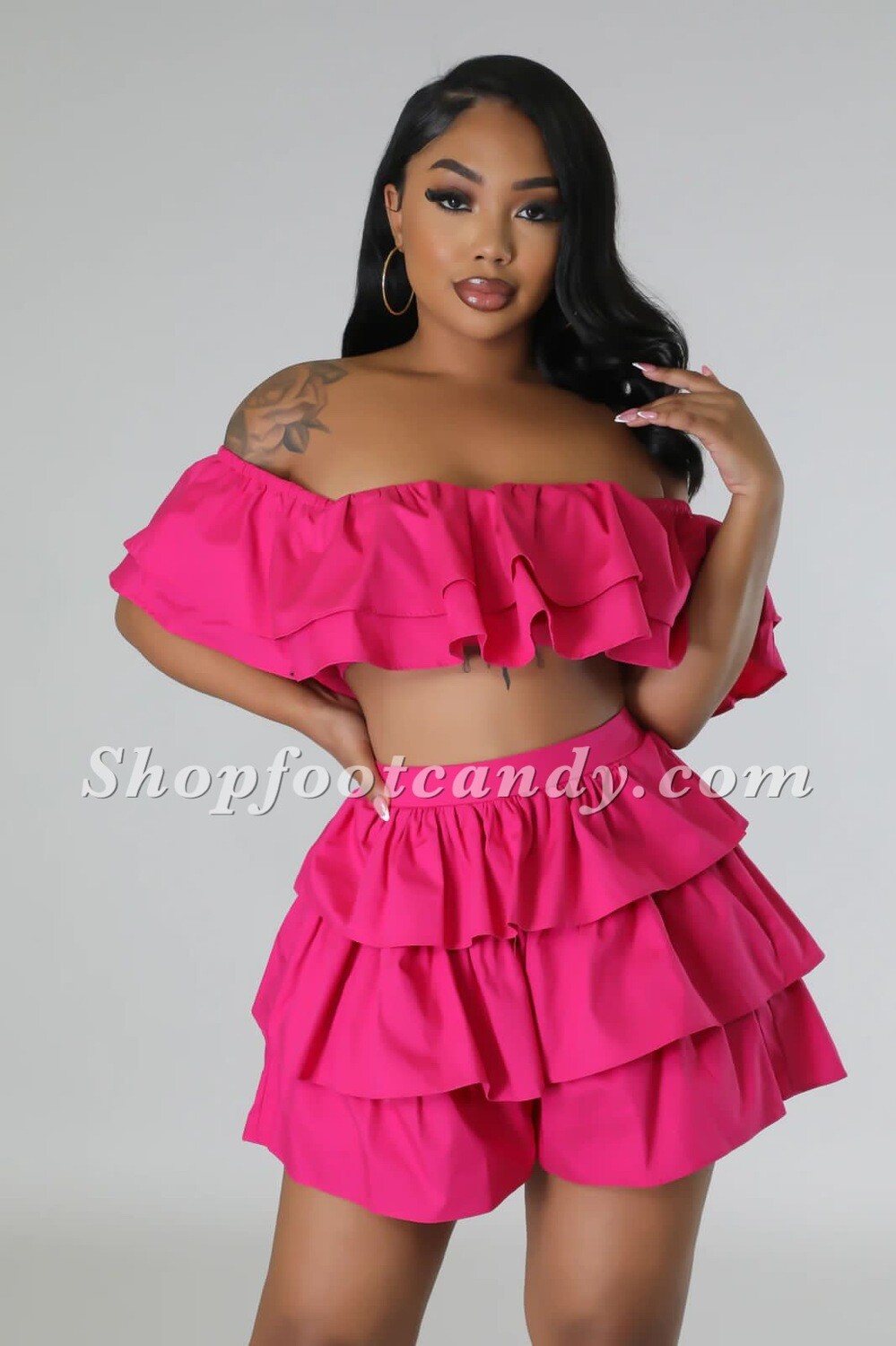 Off The Shoulder Ruffle  Skort Set Fuchsia 